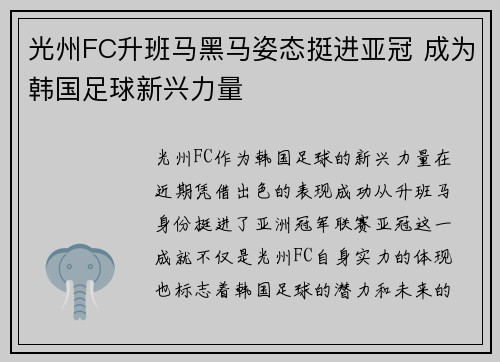 光州FC升班马黑马姿态挺进亚冠 成为韩国足球新兴力量